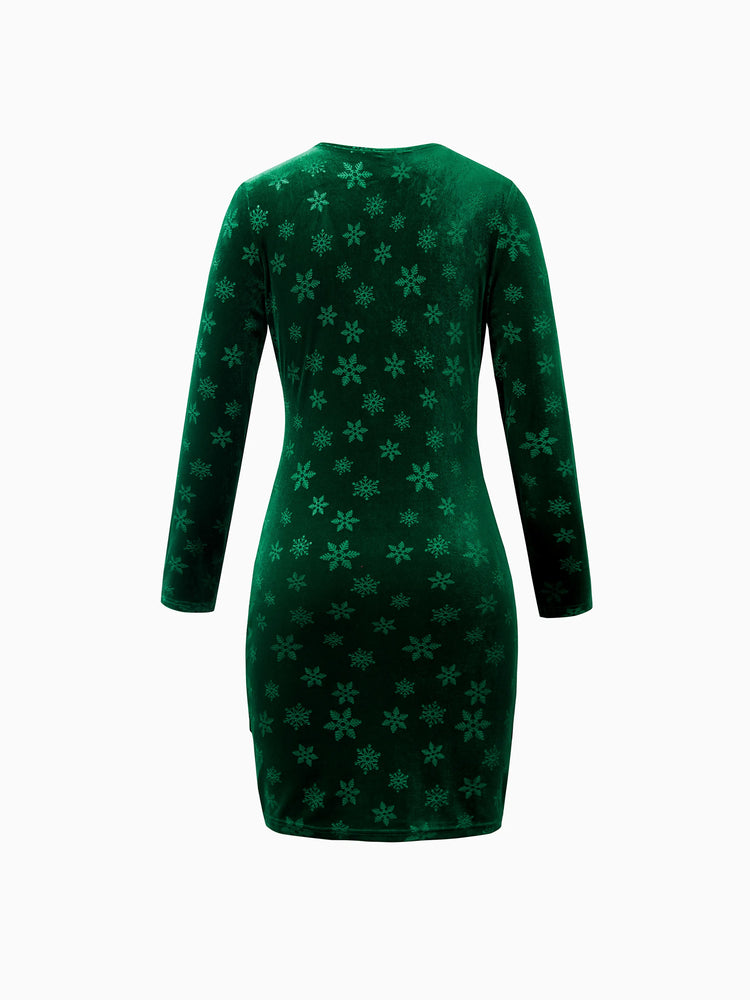 Christmas Matching Family Snowflake Print Velet Long-sleeve Body-con Dress for Mommy and Me Dark Green