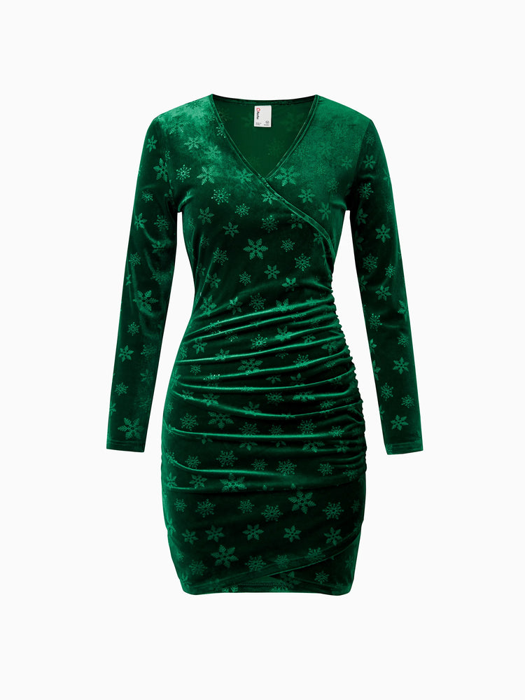 Christmas Matching Family Snowflake Print Velet Long-sleeve Body-con Dress for Mommy and Me Dark Green