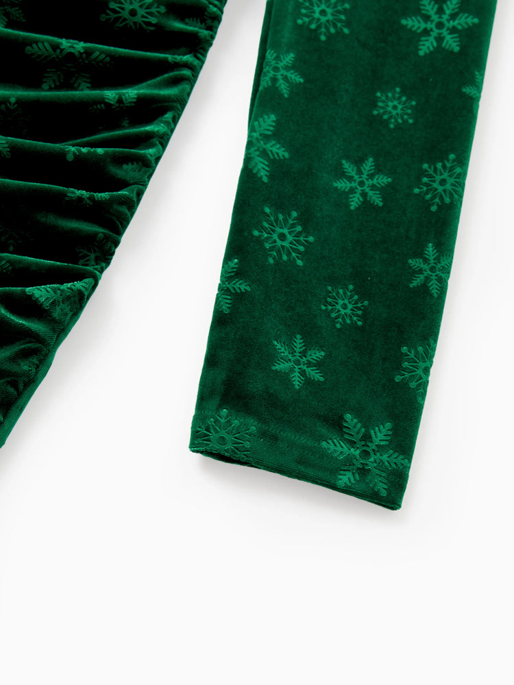 Christmas Matching Family Snowflake Print Velet Long-sleeve Body-con Dress for Mommy and Me Dark Green