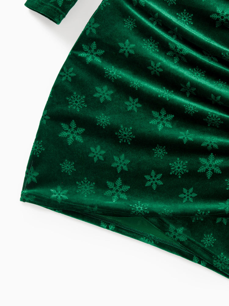 Christmas Matching Family Snowflake Print Velet Long-sleeve Body-con Dress for Mommy and Me Dark Green
