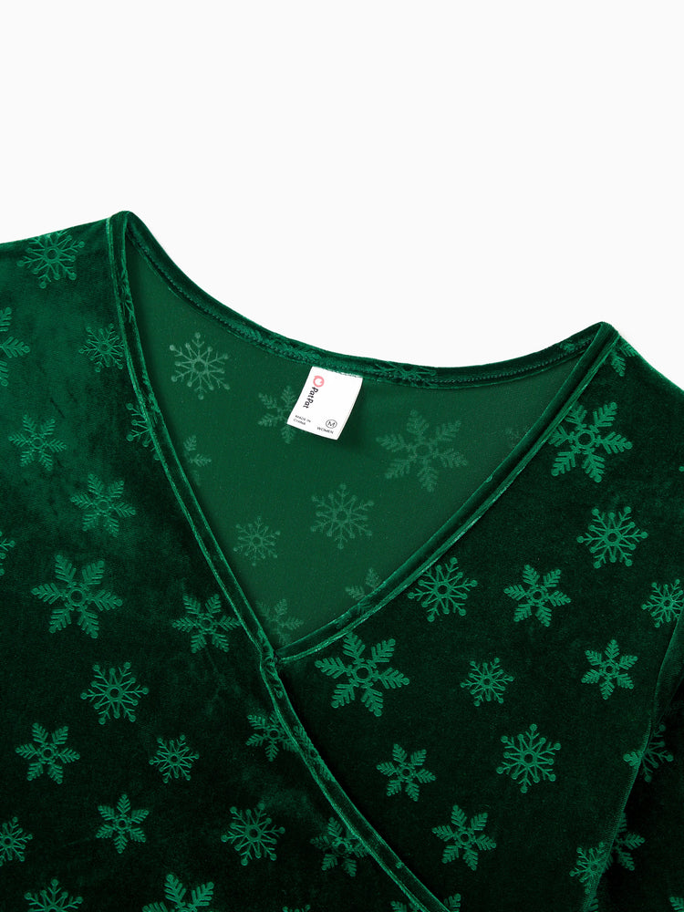 Christmas Matching Family Snowflake Print Velet Long-sleeve Body-con Dress for Mommy and Me Dark Green