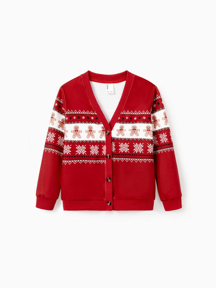 Christmas Family Matching Gingerbread Man Print Coat Long Sleeve Casual knitted Cardigan Red