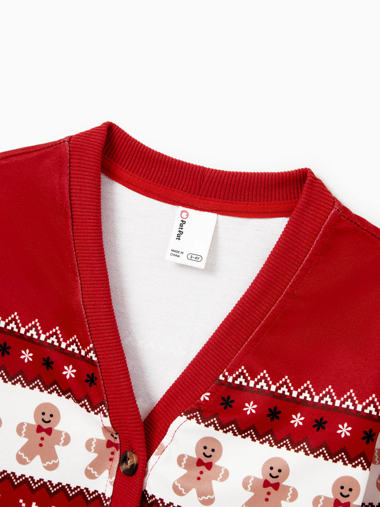 Christmas Family Matching Gingerbread Man Print Coat Long Sleeve Casual knitted Cardigan Red