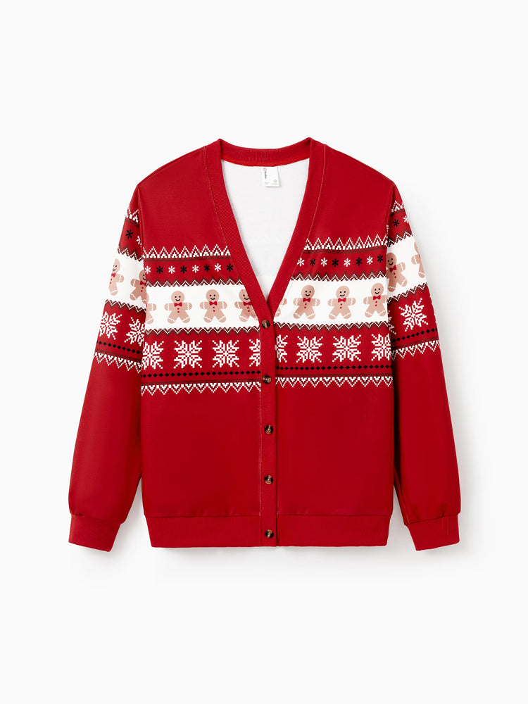 Christmas Family Matching Gingerbread Man Print Coat Long Sleeve Casual knitted Cardigan Red