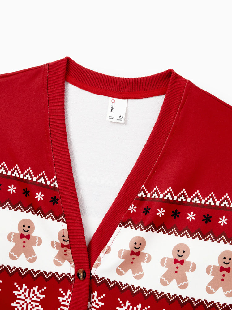 Christmas Family Matching Gingerbread Man Print Coat Long Sleeve Casual knitted Cardigan Red