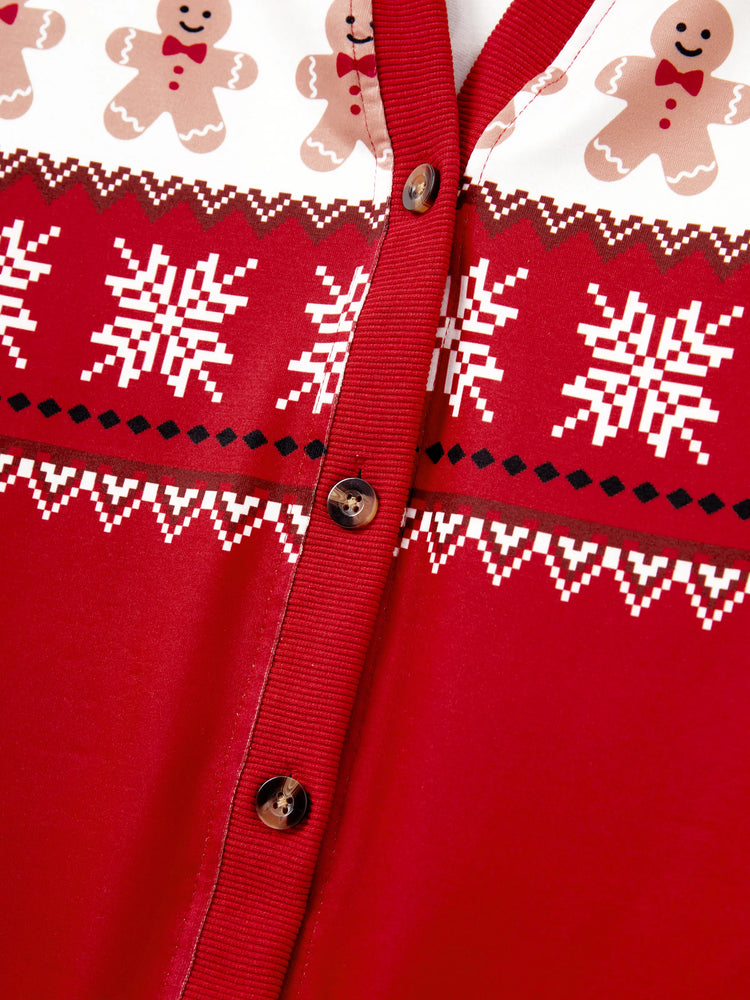 Christmas Family Matching Gingerbread Man Print Coat Long Sleeve Casual knitted Cardigan Red