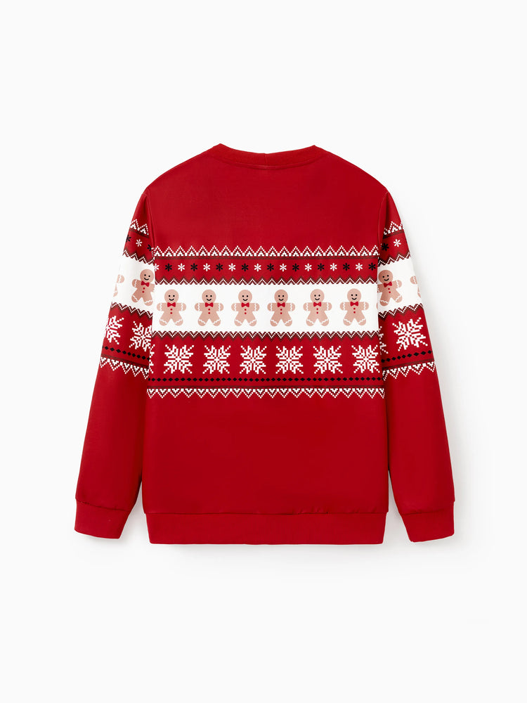 Christmas Family Matching Gingerbread Man Print Coat Long Sleeve Casual knitted Cardigan Red