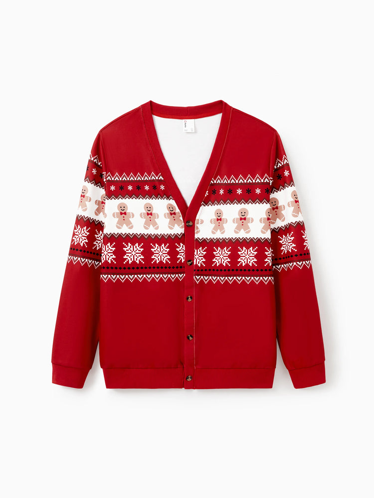 Christmas Family Matching Gingerbread Man Print Coat Long Sleeve Casual knitted Cardigan Red