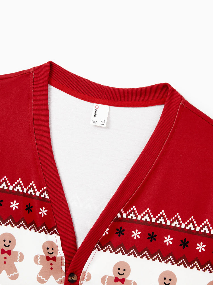 Christmas Family Matching Gingerbread Man Print Coat Long Sleeve Casual knitted Cardigan Red