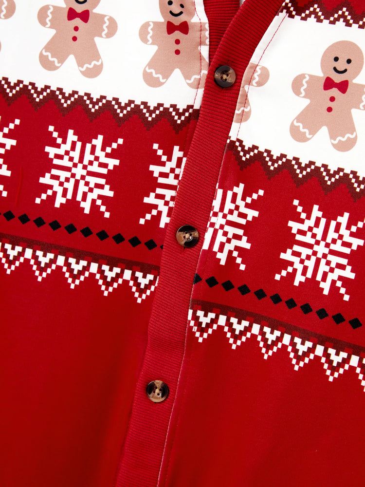 Christmas Family Matching Gingerbread Man Print Coat Long Sleeve Casual knitted Cardigan Red