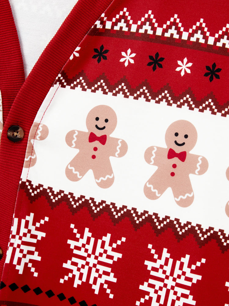 Christmas Family Matching Gingerbread Man Print Coat Long Sleeve Casual knitted Cardigan Red