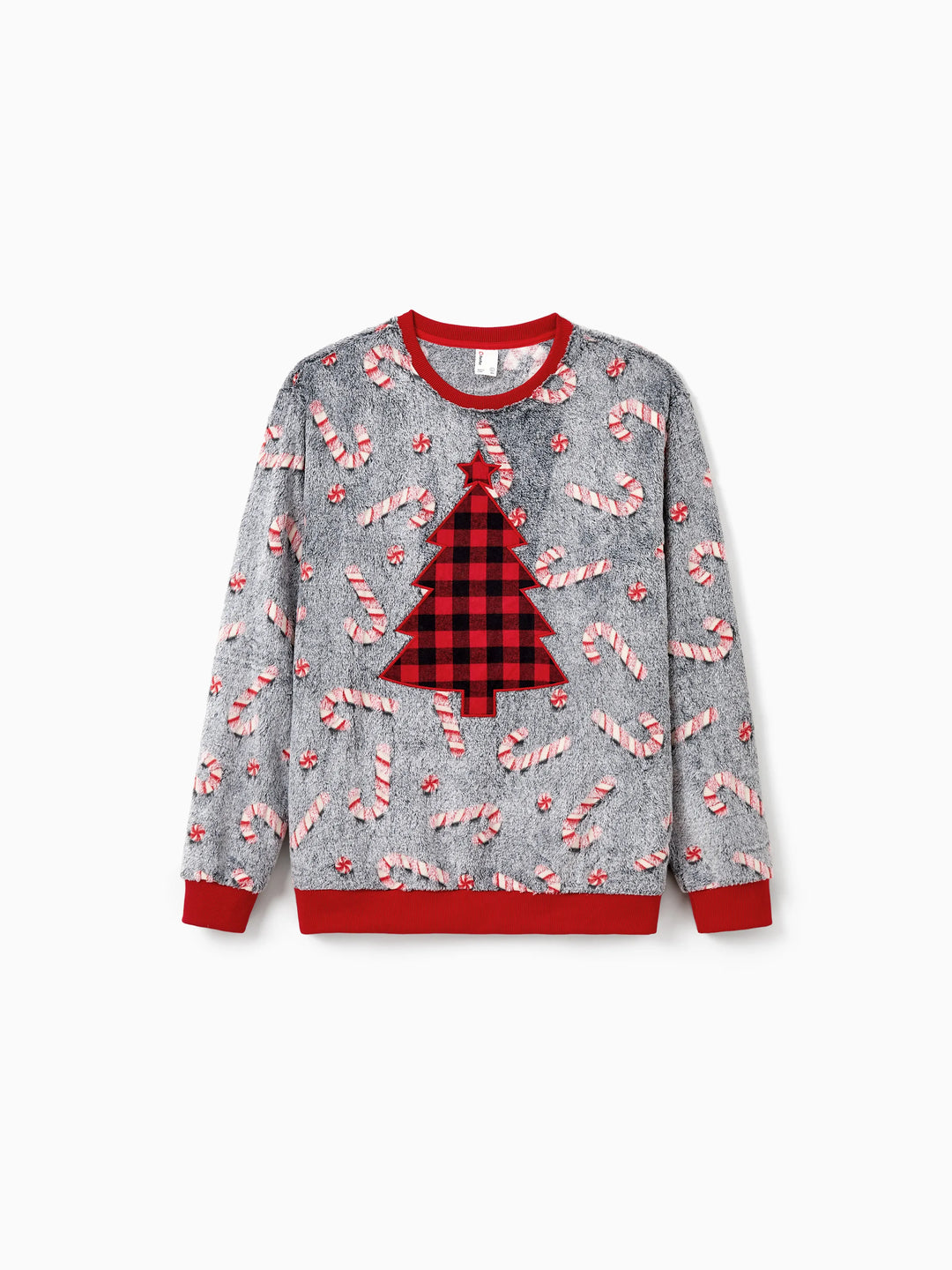 Weihnachten Familie Passende Langarm Fleece Tops Leuchten Im Dunkeln Zuckerstangen Druck mit kariertem Weihnachtsbaum Muster Sweatshirt Weiß/Grau