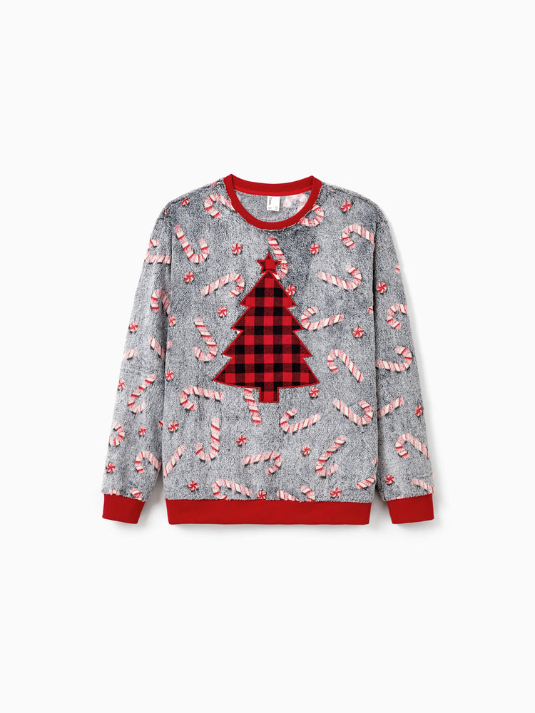 Christmas Family Matching Long Sleeve Fleece Tops Glow In The Dark Candy Canes Print with plaid Christmas tree Pattern Sweatshirt White/Gray
