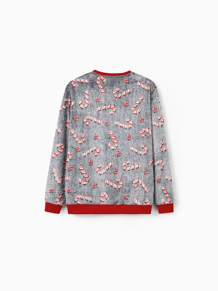 Christmas Family Matching Long Sleeve Fleece Tops Glow In The Dark Candy Canes Print with plaid Christmas tree Pattern Sweatshirt White/Gray