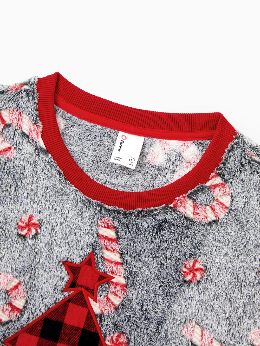 Weihnachten Familie Passende Langarm Fleece Tops Leuchten Im Dunkeln Zuckerstangen Druck mit kariertem Weihnachtsbaum Muster Sweatshirt Weiß/Grau