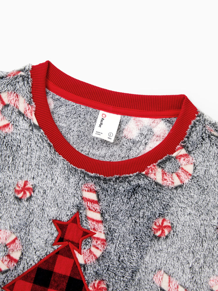 Christmas Family Matching Long Sleeve Fleece Tops Glow In The Dark Candy Canes Print with plaid Christmas tree Pattern Sweatshirt White/Gray