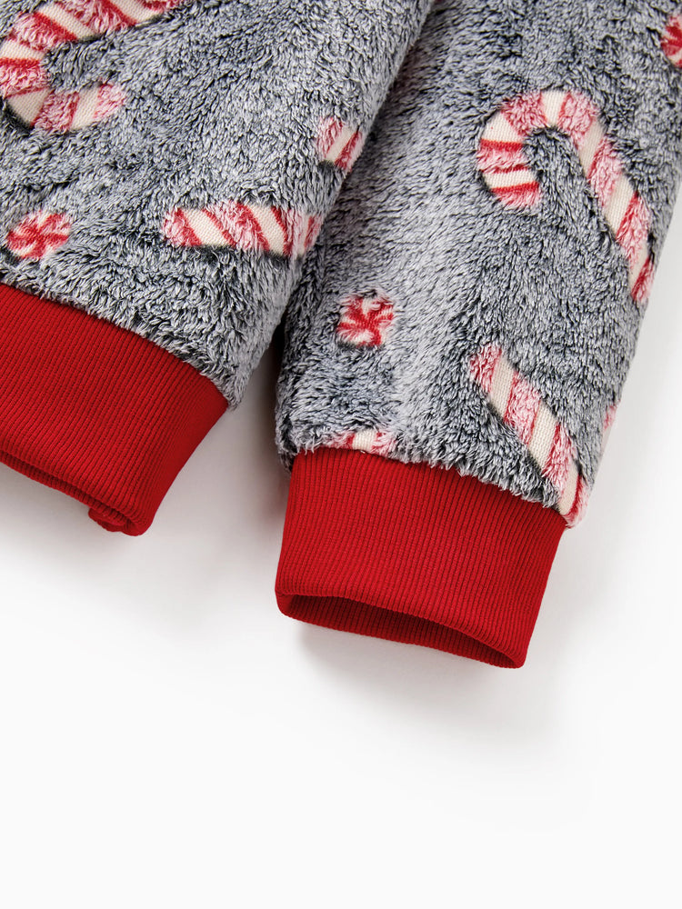 Christmas Family Matching Long Sleeve Fleece Tops Glow In The Dark Candy Canes Print with plaid Christmas tree Pattern Sweatshirt White/Gray