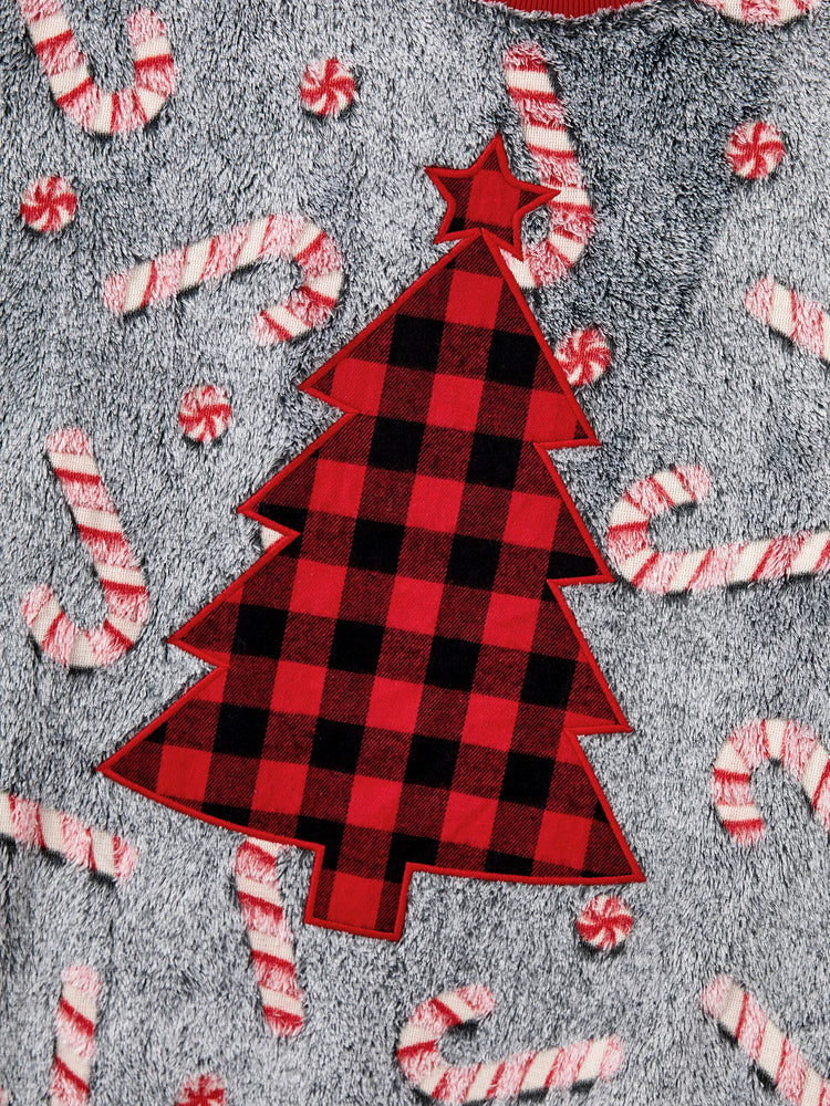 Christmas Family Matching Long Sleeve Fleece Tops Glow In The Dark Candy Canes Print with plaid Christmas tree Pattern Sweatshirt White/Gray