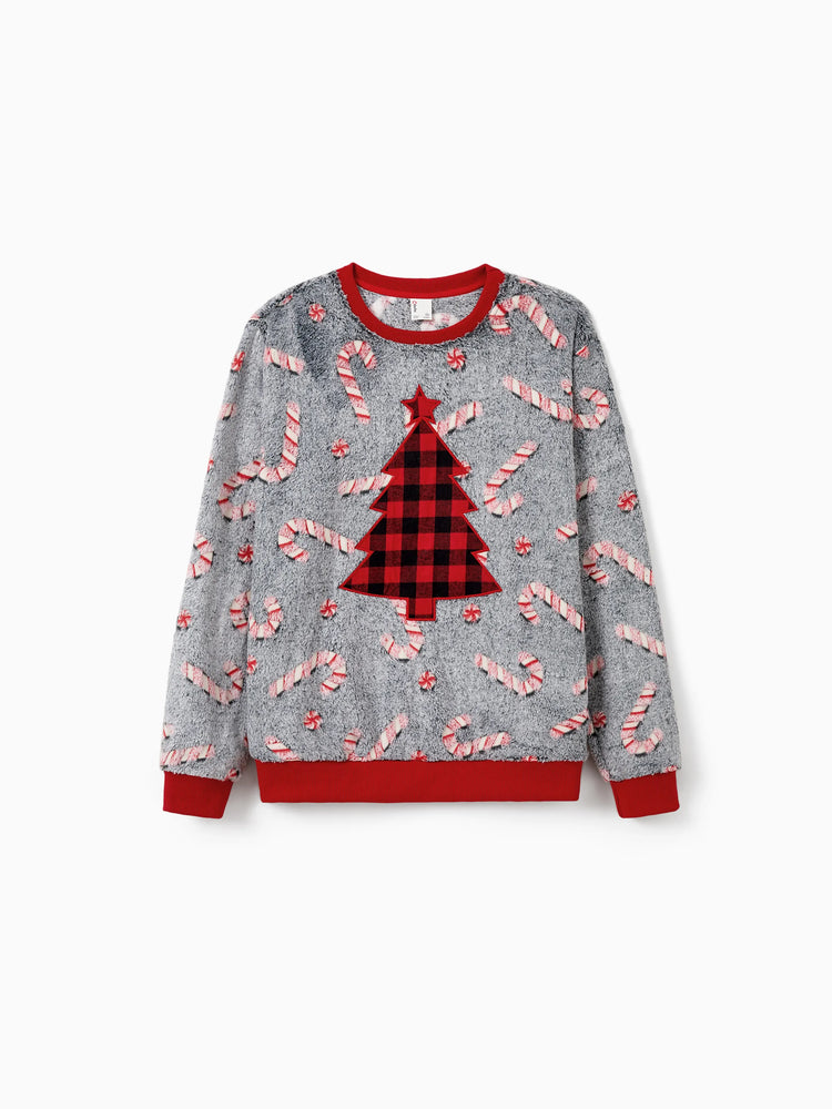 Christmas Family Matching Long Sleeve Fleece Tops Glow In The Dark Candy Canes Print with plaid Christmas tree Pattern Sweatshirt White/Gray