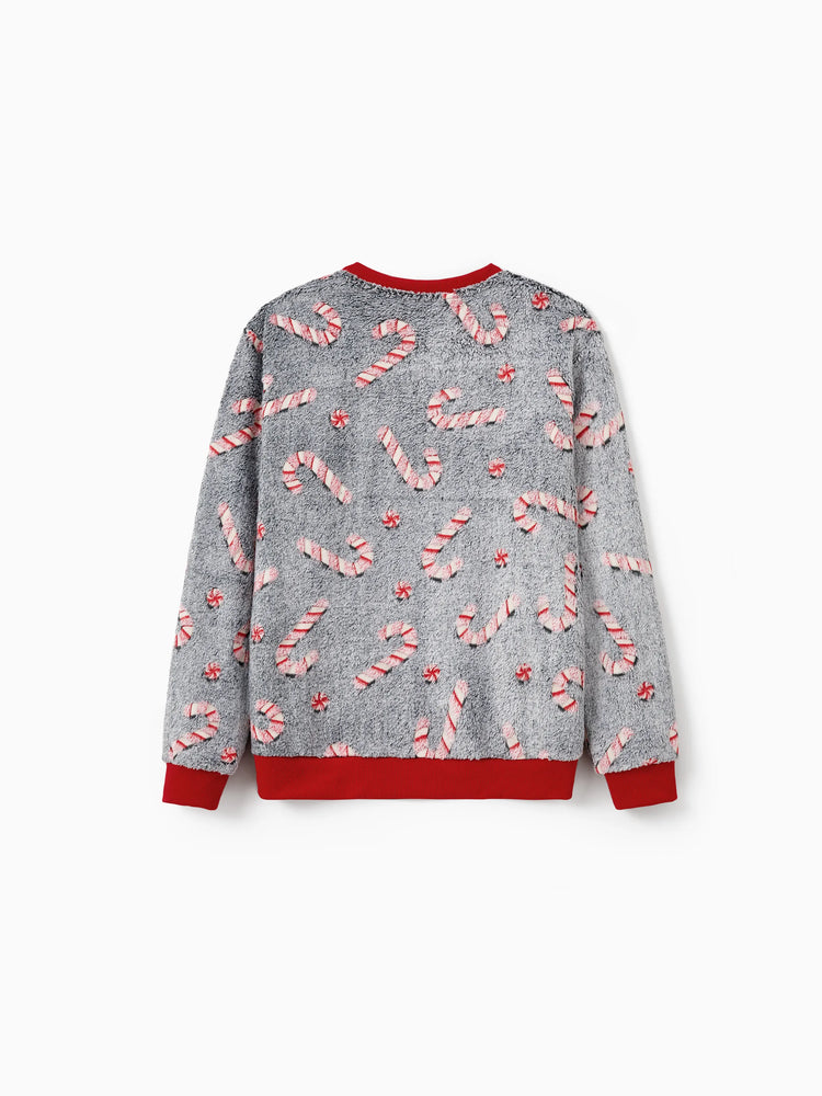 Christmas Family Matching Long Sleeve Fleece Tops Glow In The Dark Candy Canes Print with plaid Christmas tree Pattern Sweatshirt White/Gray