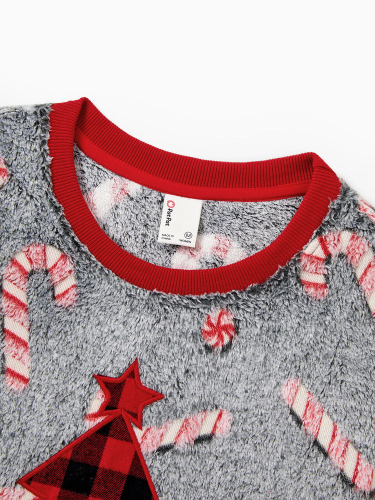 Christmas Family Matching Long Sleeve Fleece Tops Glow In The Dark Candy Canes Print with plaid Christmas tree Pattern Sweatshirt White/Gray