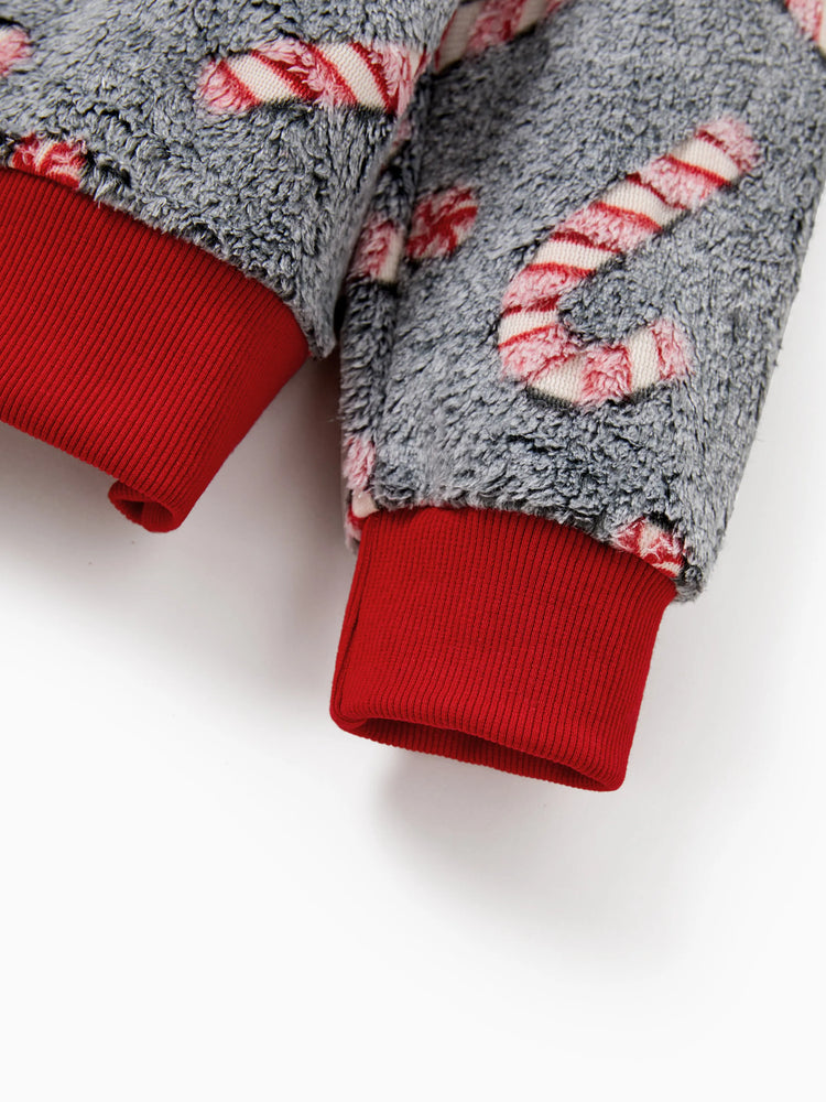 Christmas Family Matching Long Sleeve Fleece Tops Glow In The Dark Candy Canes Print with plaid Christmas tree Pattern Sweatshirt White/Gray