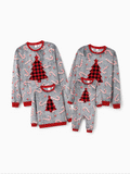 Christmas Family Matching Long Sleeve Fleece Tops Glow In The Dark Candy Canes Print with plaid Christmas tree Pattern Sweatshirt White/Gray