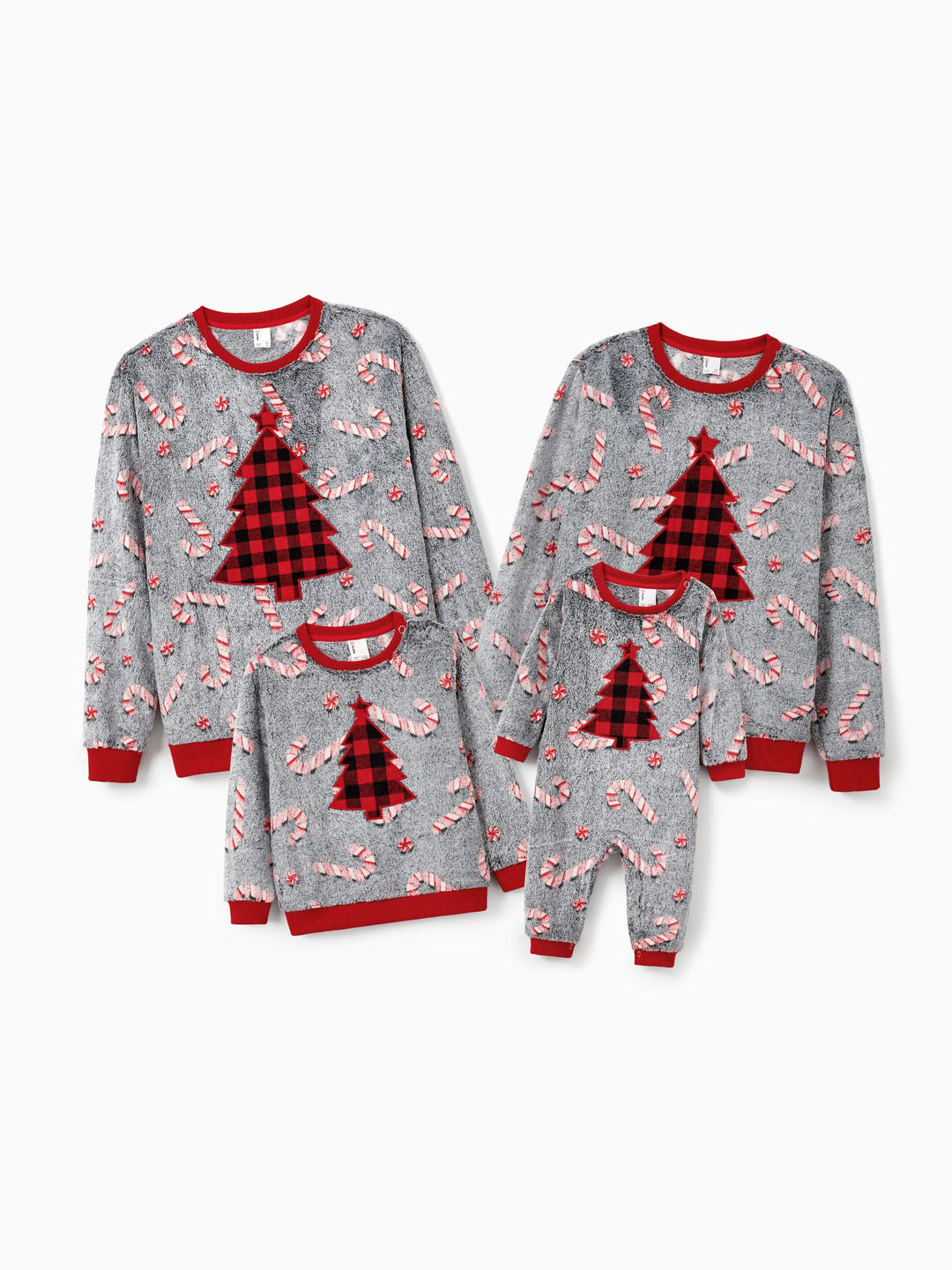 Weihnachten Familie Passende Langarm Fleece Tops Leuchten Im Dunkeln Zuckerstangen Druck mit kariertem Weihnachtsbaum Muster Sweatshirt Weiß/Grau