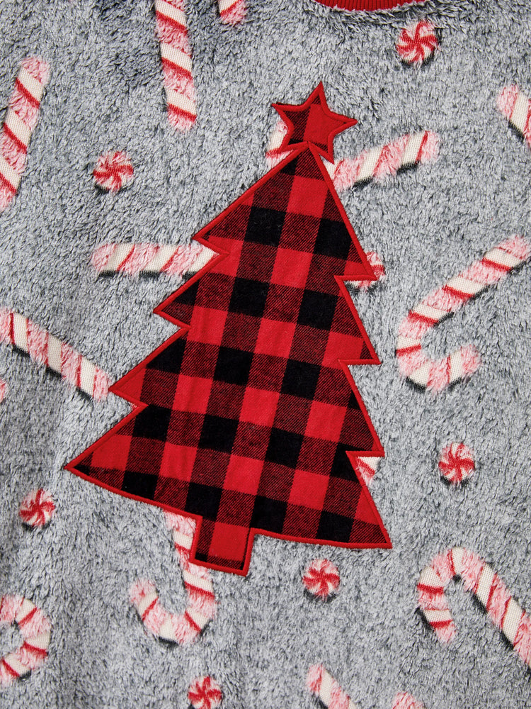 Christmas Family Matching Long Sleeve Fleece Tops Glow In The Dark Candy Canes Print with plaid Christmas tree Pattern Sweatshirt White/Gray