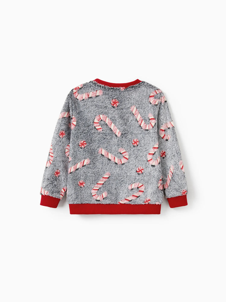 Christmas Family Matching Long Sleeve Fleece Tops Glow In The Dark Candy Canes Print with plaid Christmas tree Pattern Sweatshirt White/Gray