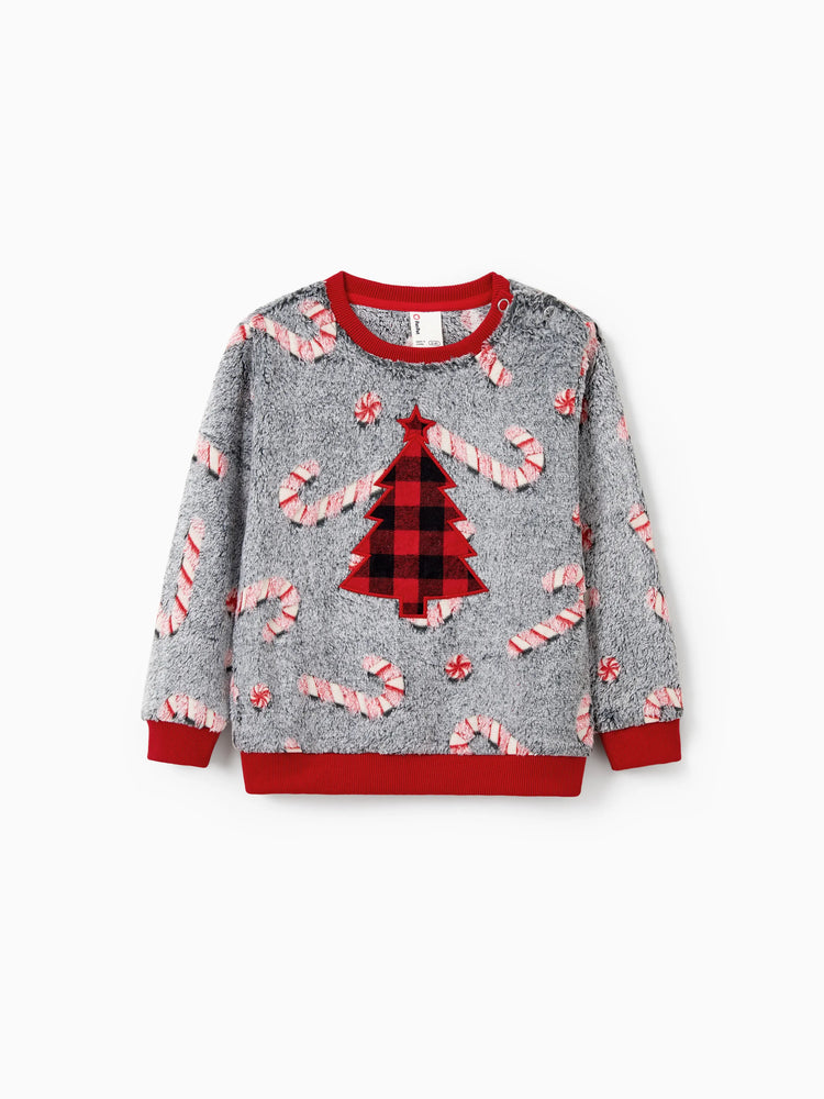 Christmas Family Matching Long Sleeve Fleece Tops Glow In The Dark Candy Canes Print with plaid Christmas tree Pattern Sweatshirt White/Gray