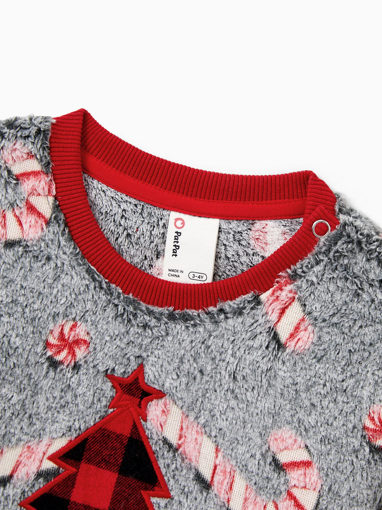 Christmas Family Matching Long Sleeve Fleece Tops Glow In The Dark Candy Canes Print with plaid Christmas tree Pattern Sweatshirt White/Gray