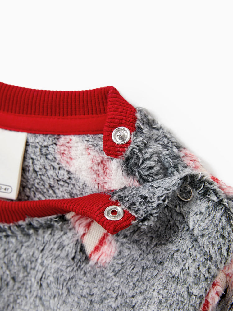 Christmas Family Matching Long Sleeve Fleece Tops Glow In The Dark Candy Canes Print with plaid Christmas tree Pattern Sweatshirt White/Gray