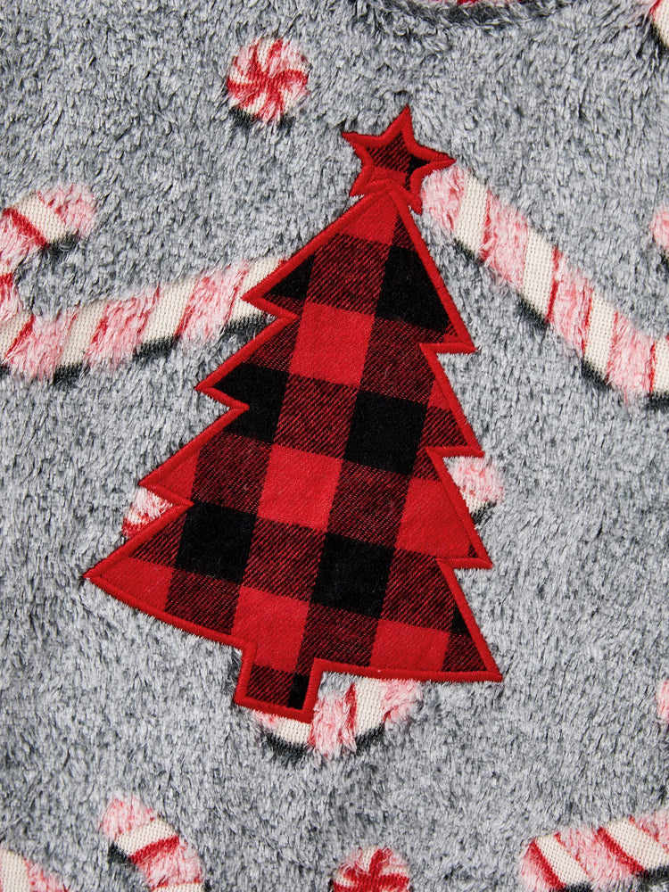 Christmas Family Matching Long Sleeve Fleece Tops Glow In The Dark Candy Canes Print with plaid Christmas tree Pattern Sweatshirt White/Gray