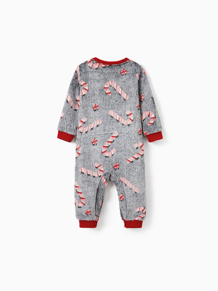 Christmas Family Matching Long Sleeve Fleece Tops Glow In The Dark Candy Canes Print with plaid Christmas tree Pattern Sweatshirt White/Gray