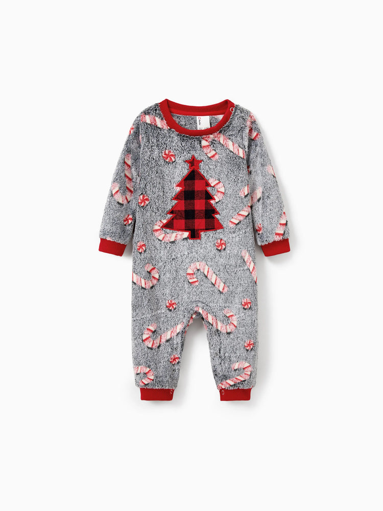 Christmas Family Matching Long Sleeve Fleece Tops Glow In The Dark Candy Canes Print with plaid Christmas tree Pattern Sweatshirt White/Gray