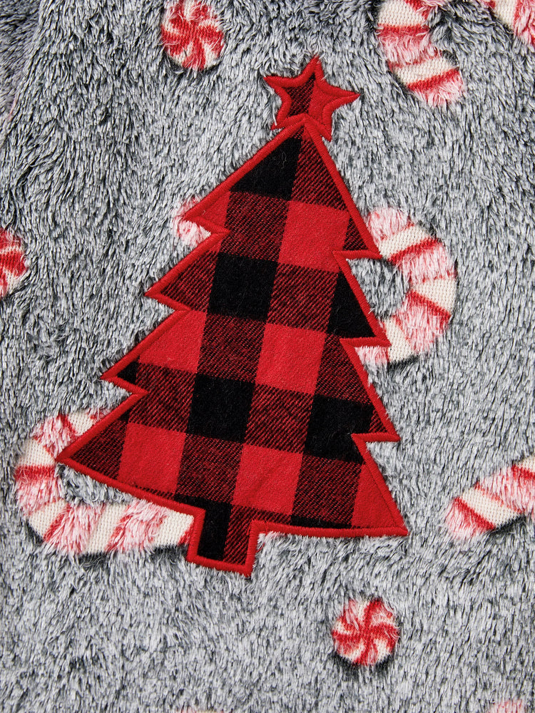 Christmas Family Matching Long Sleeve Fleece Tops Glow In The Dark Candy Canes Print with plaid Christmas tree Pattern Sweatshirt White/Gray