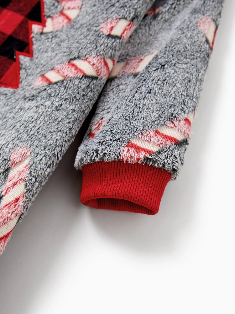 Christmas Family Matching Long Sleeve Fleece Tops Glow In The Dark Candy Canes Print with plaid Christmas tree Pattern Sweatshirt White/Gray