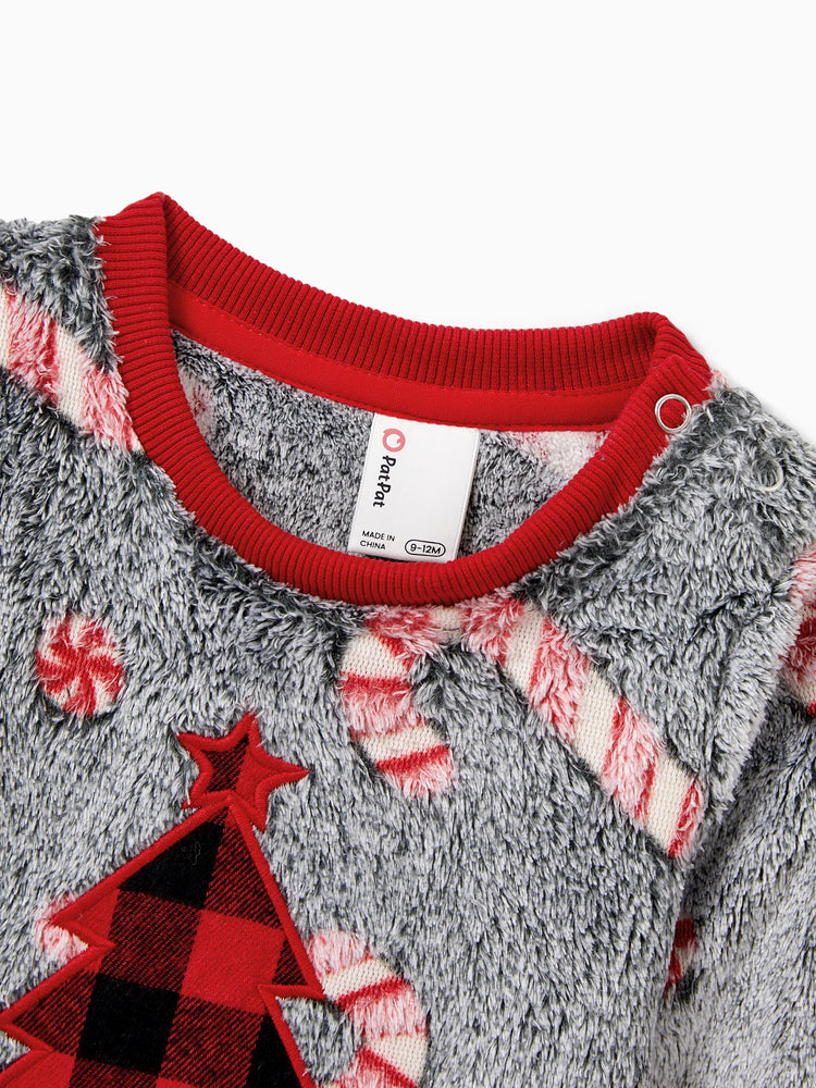 Christmas Family Matching Long Sleeve Fleece Tops Glow In The Dark Candy Canes Print with plaid Christmas tree Pattern Sweatshirt White/Gray