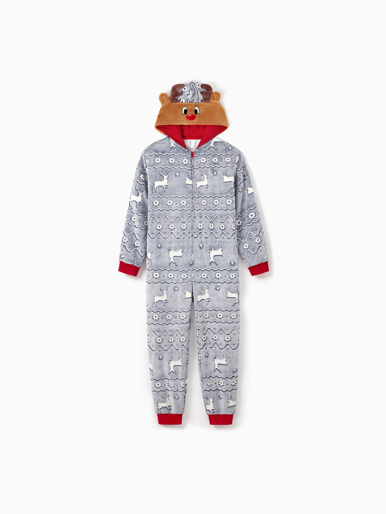 Pyjama de Noël assorti pour toute la famille, imprimé renne, phosphorescent, avec chaussettes de Noël, blanc/gris
