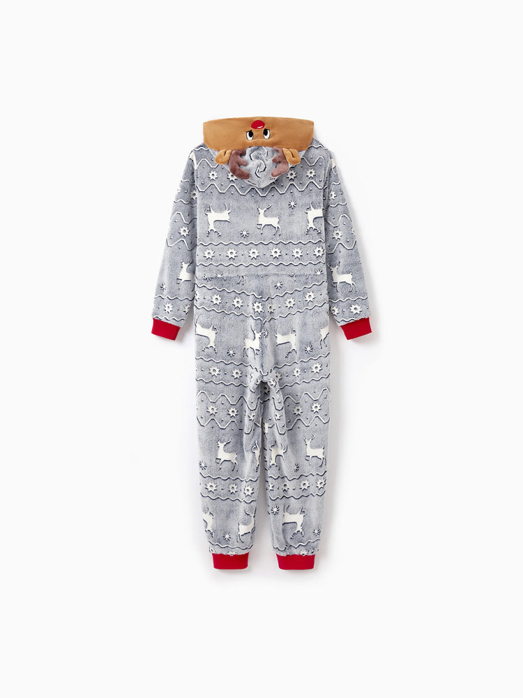 Pyjama de Noël assorti pour toute la famille, imprimé renne, phosphorescent, avec chaussettes de Noël, blanc/gris