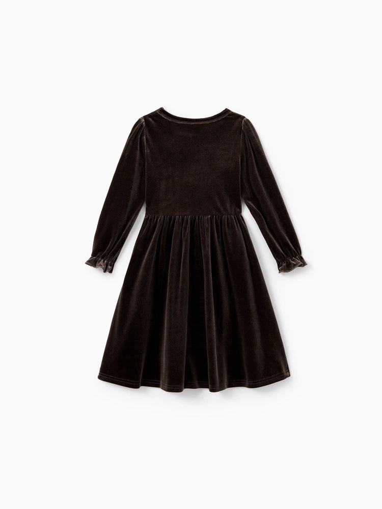 Velvet & Plaid Matching Family Outfits Dad/Son Shirts & Mom/Daughter Velvet Dresses Sets Dark Brown