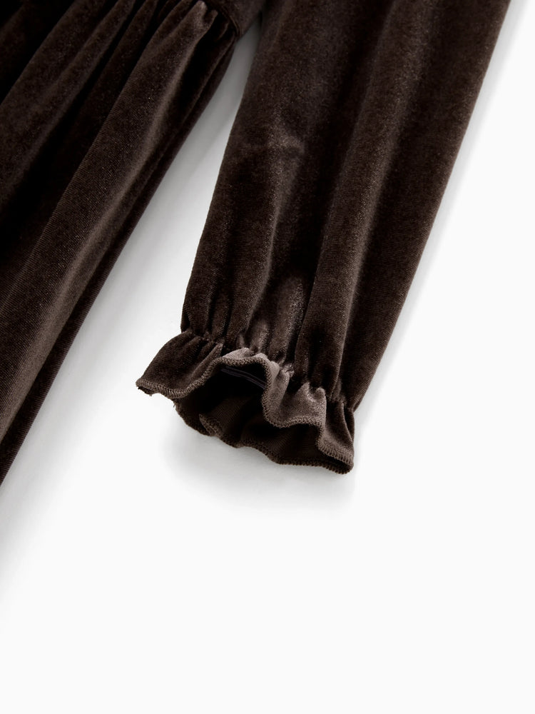 Velvet & Plaid Matching Family Outfits Dad/Son Shirts & Mom/Daughter Velvet Dresses Sets Dark Brown