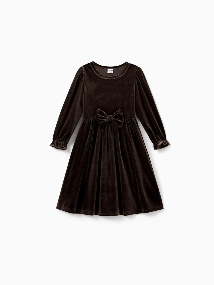 Velvet & Plaid Matching Family Outfits Dad/Son Shirts & Mom/Daughter Velvet Dresses Sets Dark Brown