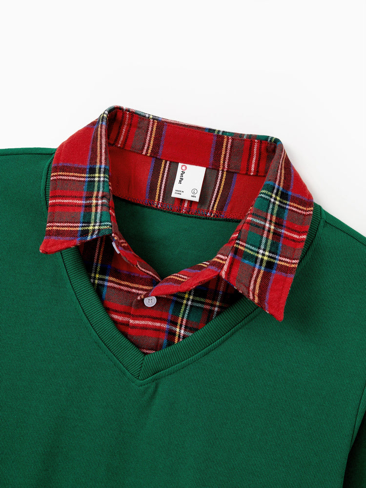 Tenues familiales assorties pour sapin de Noël Sweat-shirts à col à carreaux verts ou ensemble haut imprimé sapin de Noël et jupe en tulle vert foncé