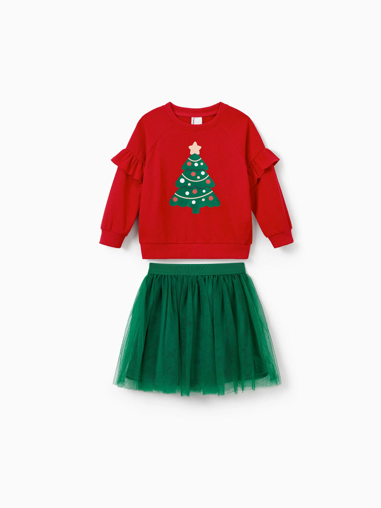 Tenues familiales assorties pour sapin de Noël Sweat-shirts à col à carreaux verts ou ensemble haut imprimé sapin de Noël et jupe en tulle vert foncé