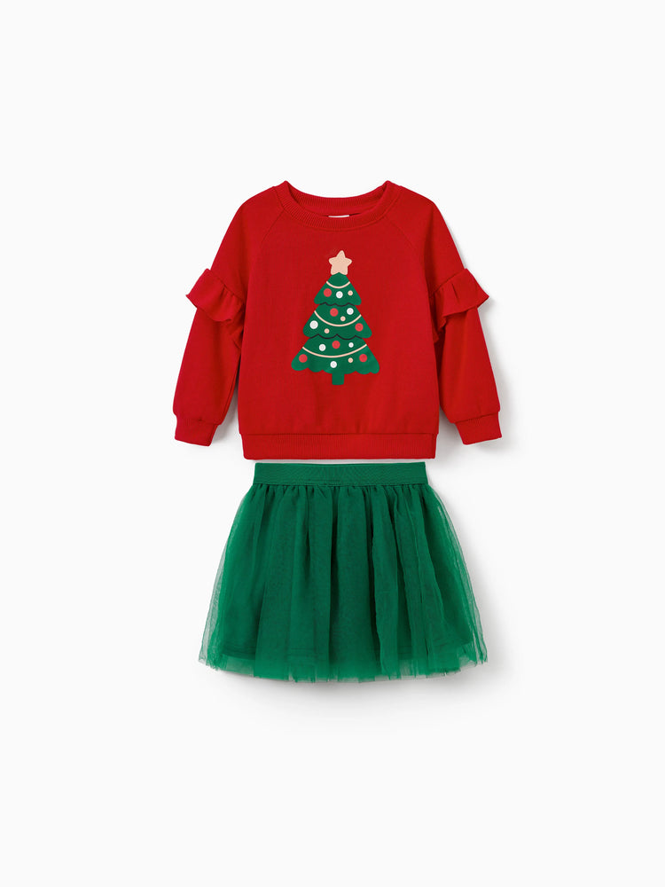 Tenues familiales assorties pour sapin de Noël Sweat-shirts à col à carreaux verts ou ensemble haut imprimé sapin de Noël et jupe en tulle vert foncé