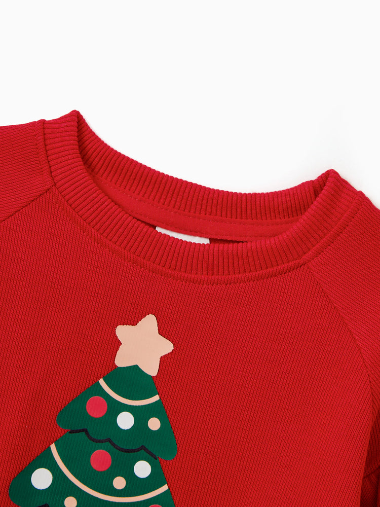Tenues familiales assorties pour sapin de Noël Sweat-shirts à col à carreaux verts ou ensemble haut imprimé sapin de Noël et jupe en tulle vert foncé