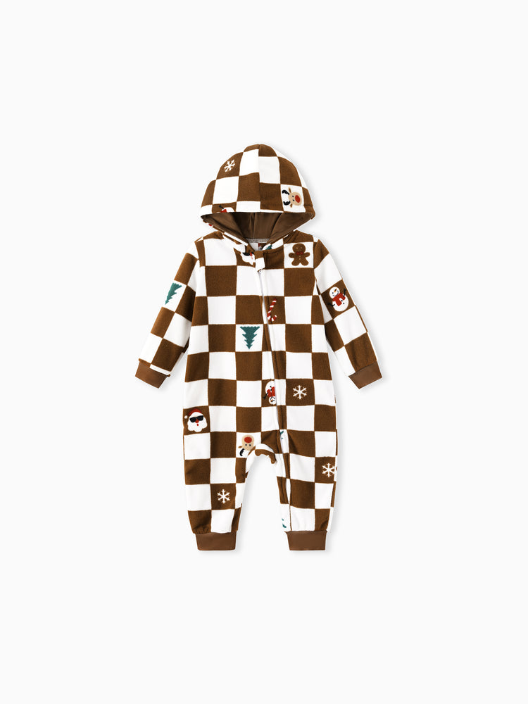 Ensemble de pyjama à capuche en polaire pour toute la famille, combinaison de Noël assortie, motif pain d'épices, imprimé à carreaux, avec chaussettes de Noël, bloc de couleurs