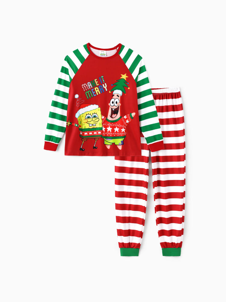 Conjunto de pijama familiar a rayas navideño de Bob Esponja con calcetines navideños rojos